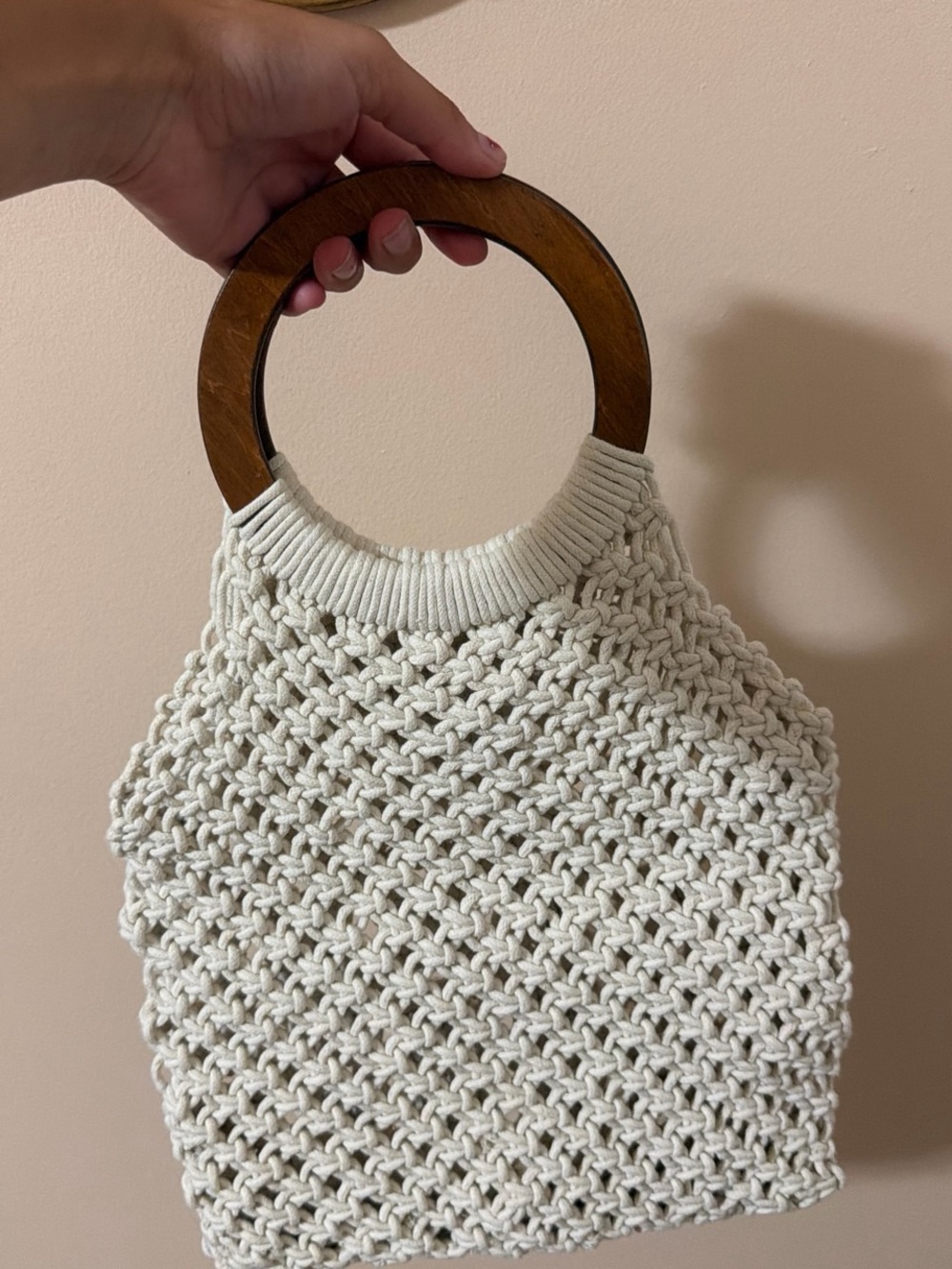 Handcrafted Cream Macramé Tote with Wood Ring Handles